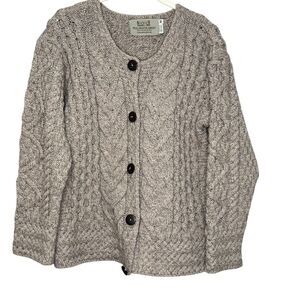 Aran Irish Wool Cardigan Womens Size Medium Oatmeal Beige Made In Ireland